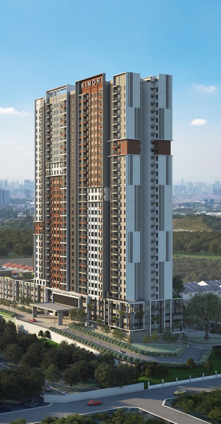 Aerial view of KIMORI Residences rising above the green hills of Bukit Serdang