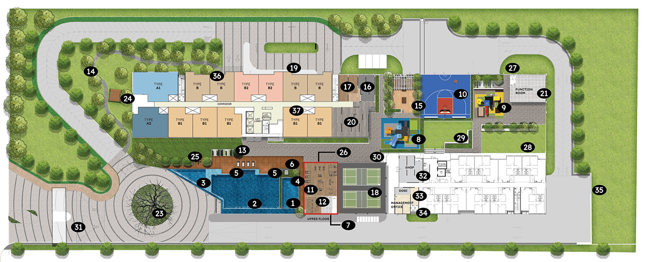 KIMORI facilities site plan with numbered amenities